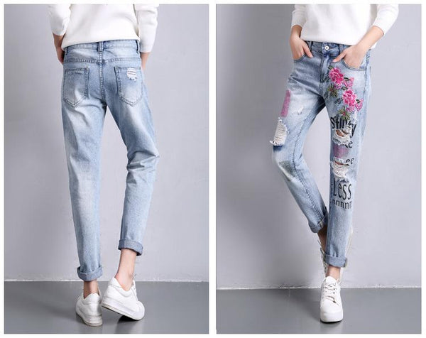 Embroidered Ripped Boyfriend Denim Jeans