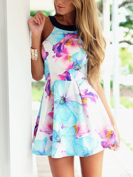 Bright Floral Print Backless Dress