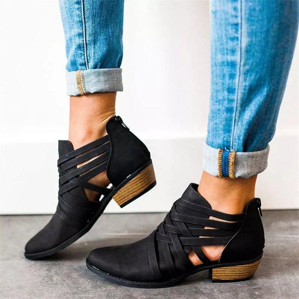 Hollow Out Square Heel Ankle Boots