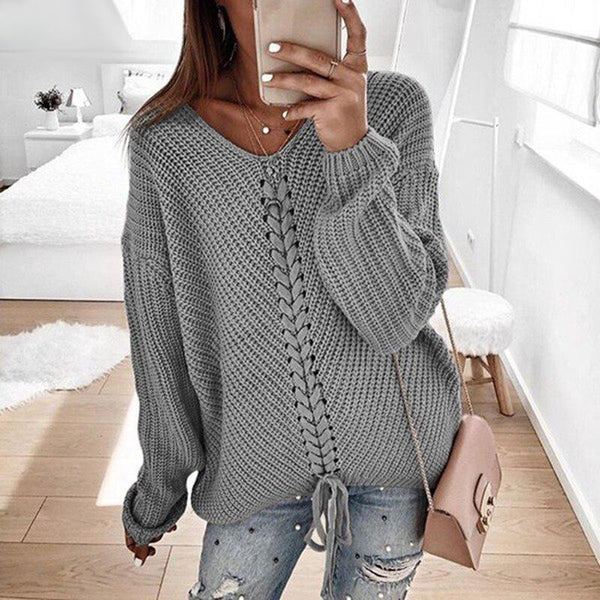 Amina - V-Neck Lace Up Knitted Sweater