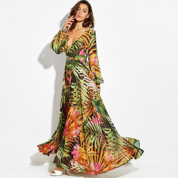 Celeste - Deep V-Neck Tropical Boho Maxi Dress