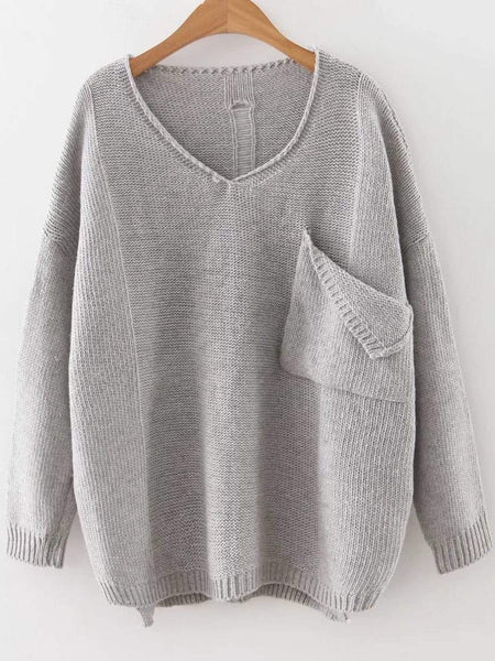 V-Neck Drop Shoulder Open Pocket Pullover Sweater