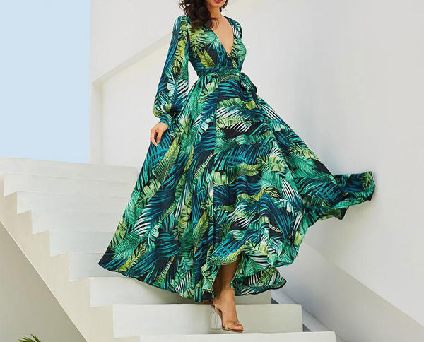 Celeste - Deep V-Neck Tropical Boho Maxi Dress