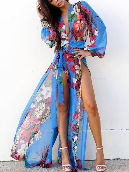 Long Sleeve Deep V-Neck Floral Split Maxi Dress