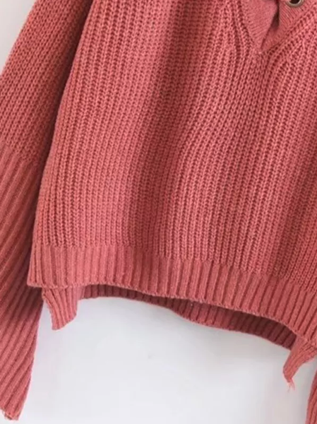 V-Neck Lace Up Cold Shoulder Flare Sleeve Sweater