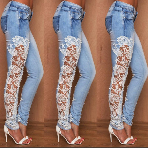 Floral Lace High Waist Skinny Leg Denim Jeans