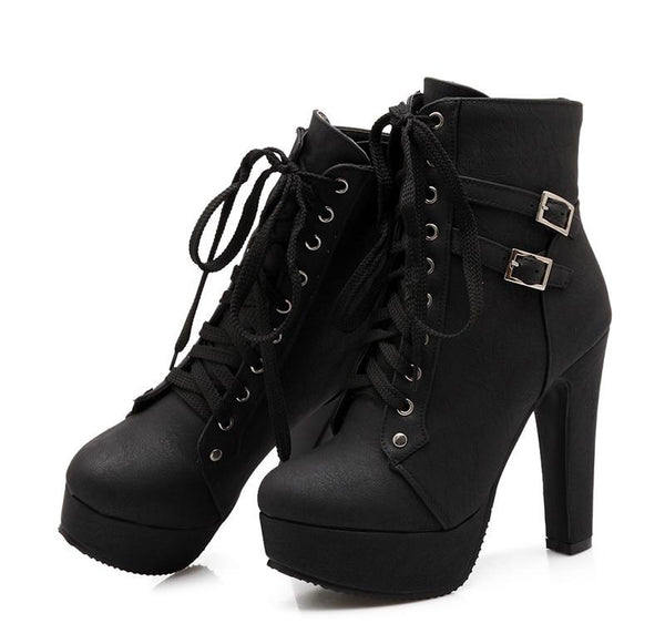 Neve - Lace Up Buckle Ankle Boots