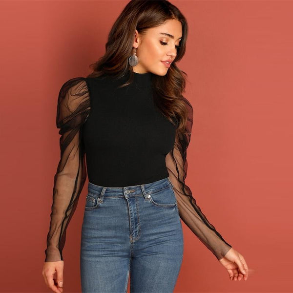 Callie - Mesh Sleeve Fitted Blouse