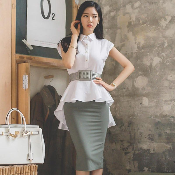Sarina - Two Piece Set Peplum Blouse and Tight Midi Skirt with Belt