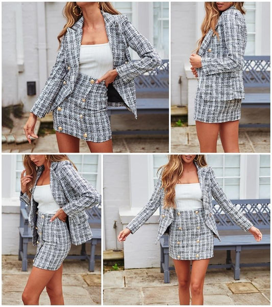 Madelyn - Matching Plaid Tweed Blazer & Skirt