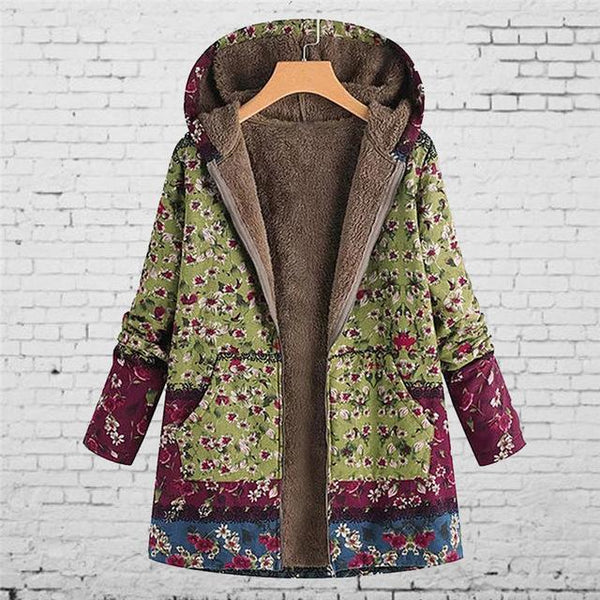 Jade - Vintage Floral Fleece Coat with Hood