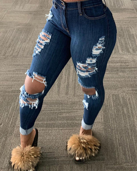 Mari - High Waist Tattered Skinny Jeans