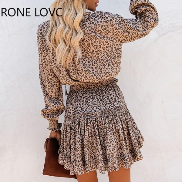 Leopard Print V-Neck Long Sleeve Dress