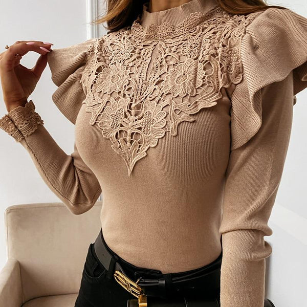 Alina - Lace Detail Ruffle Shoulder Sweater