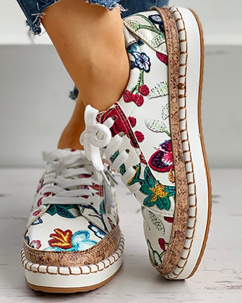 Lace & Zip Sneakers With Floral Embroidery
