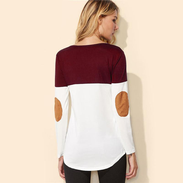 Color Block Elbow Patch Long Sleeve Tee