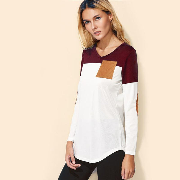 Color Block Elbow Patch Long Sleeve Tee