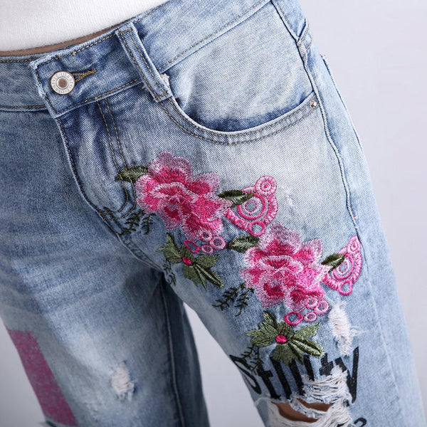 Embroidered Ripped Boyfriend Denim Jeans