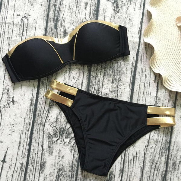 Black & Gold Push Up Bandeau Brazilian Bikini