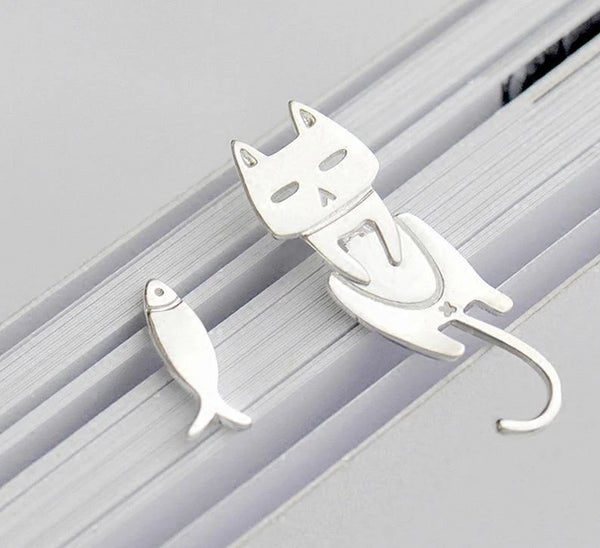 Genevieve - Hanging Cat & Fish Stud Earrings