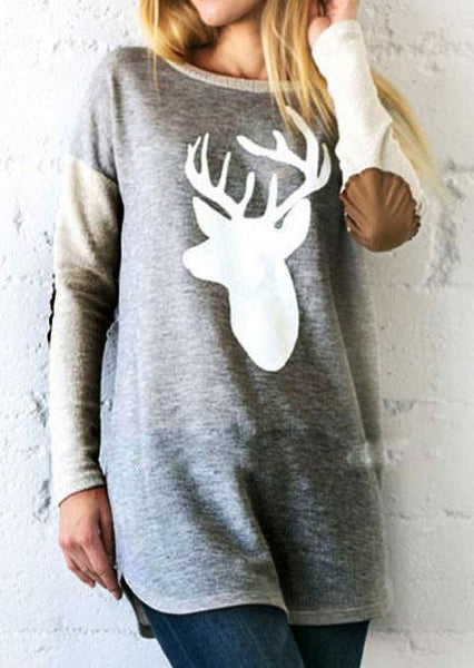 Marl Gray Reindeer Wide Neck Sweater