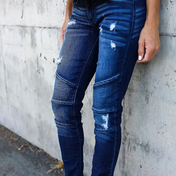 Skinny Leg Ripped Pleated Denim Jeans