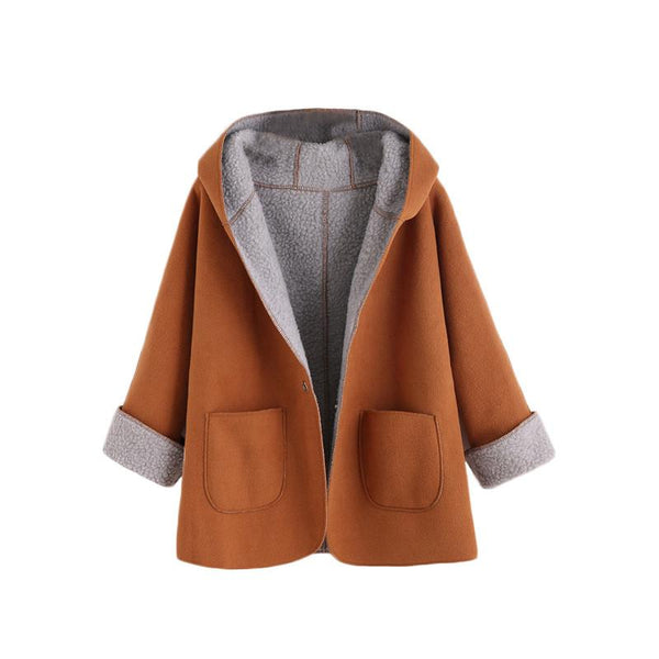 Contrast Fleece Dual Pocket Hooded Coat