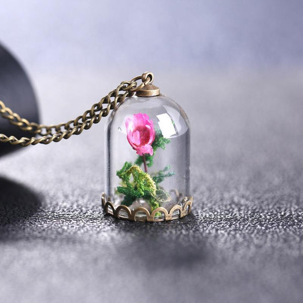 Pink Rose Glass Vial Necklace