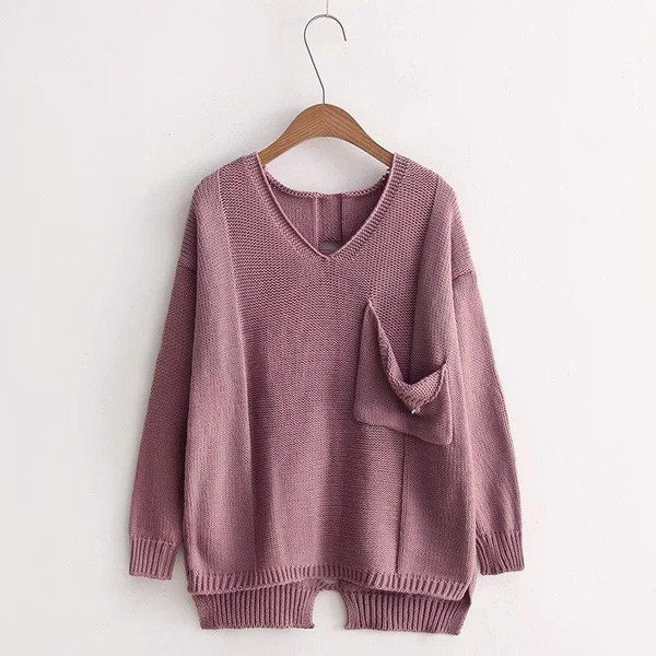 Loose Fit V-Neck Asymmetric Hem Sweater