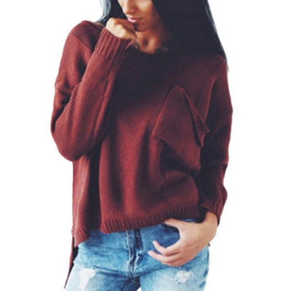 V-Neck Drop Shoulder Open Pocket Pullover Sweater