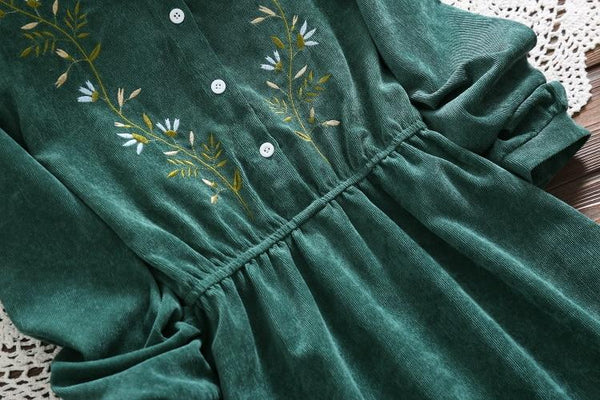 Verity - Floral Embroidered Waist Tie Corduroy Dress