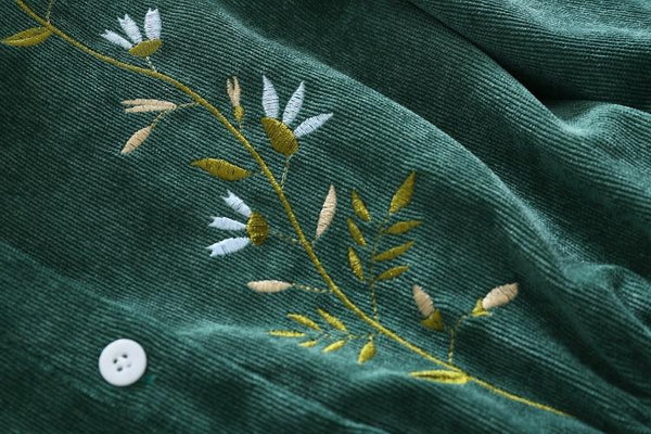 Verity - Floral Embroidered Waist Tie Corduroy Dress