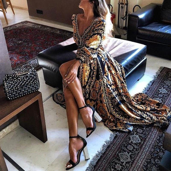 Sienna - Long Sleeve V-Neck Split Boho Maxi Dress