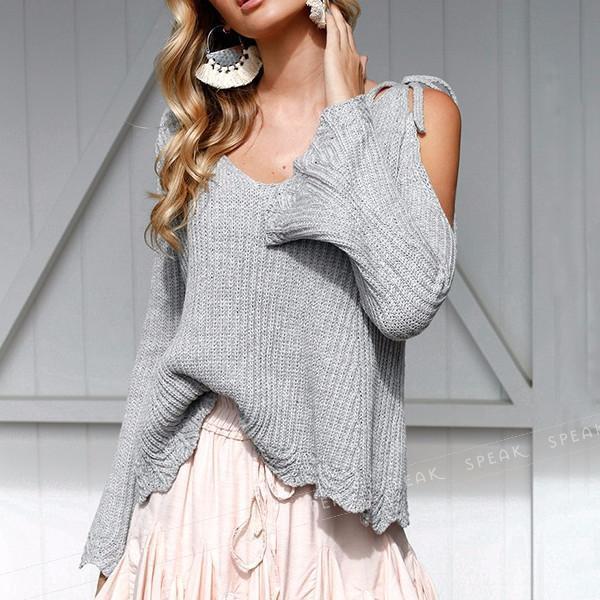 Bea - Cold Shoulder Flare Sleeve Pullover Sweater